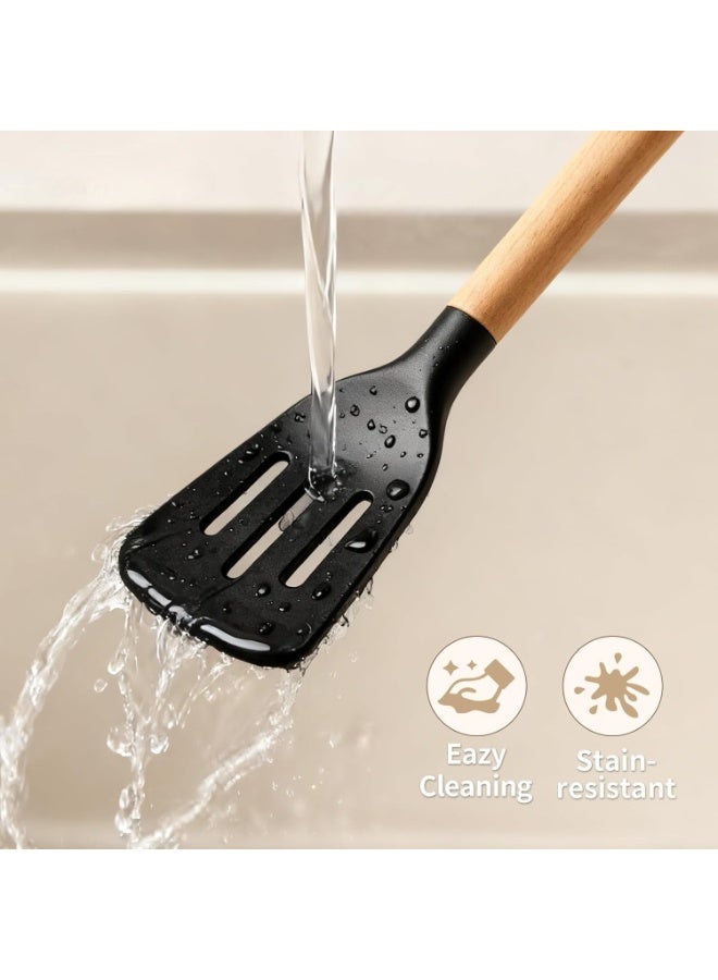 طقم أدوات مطبخ سيليكون 12 قطعة غير لاصق بمقابض خشبية (أسود) - Image 5